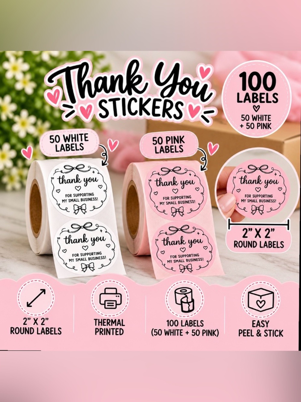 Thank You Round Labels 100 Pack Pink & White 2 x 2 in Stickers